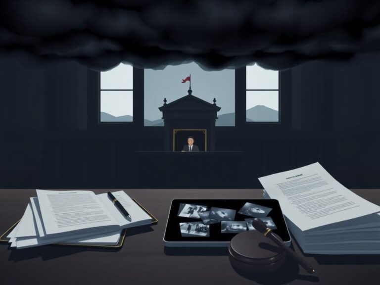 Flick International Somber courtroom scene with empty judge's bench and gavel, representing justice and accountability in the Bryan Kohberger case
