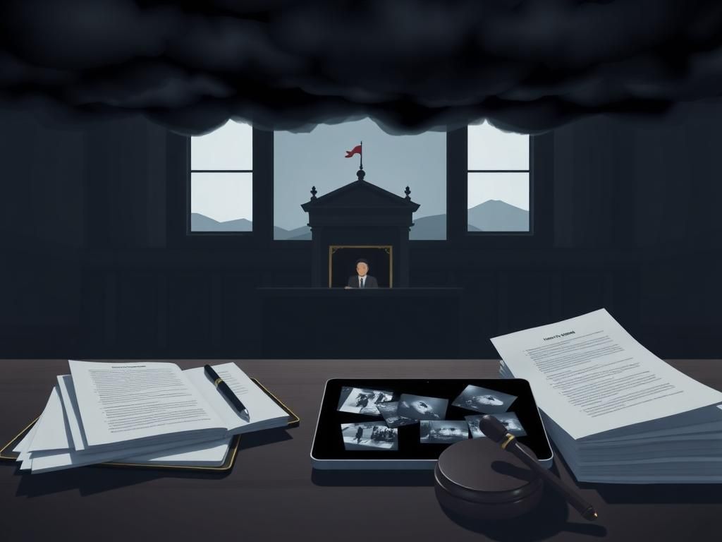 Flick International Somber courtroom scene with empty judge's bench and gavel, representing justice and accountability in the Bryan Kohberger case