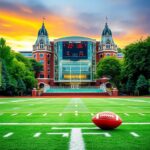 Flick International A vibrant football field with freshly lined yard markers and a modern scoreboard, embodying the spirit of college athletics.