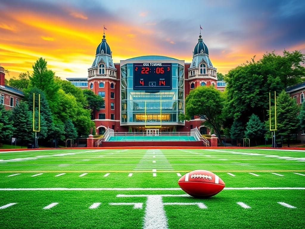 Flick International A vibrant football field with freshly lined yard markers and a modern scoreboard, embodying the spirit of college athletics.