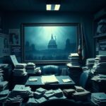 Flick International A dimly lit political office filled with cluttered desks and documents reflecting chaos in the Democratic Party