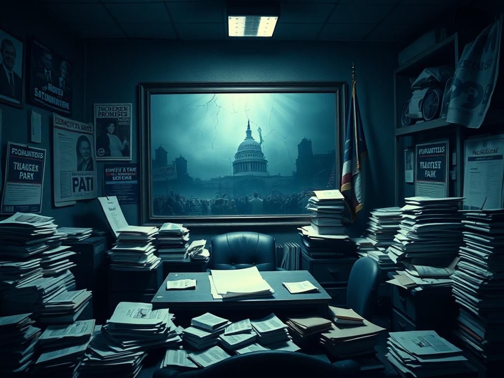 Flick International A dimly lit political office filled with cluttered desks and documents reflecting chaos in the Democratic Party