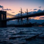 Flick International Mexican Navy tall ship Cuauhtémoc near Brooklyn Bridge at twilight