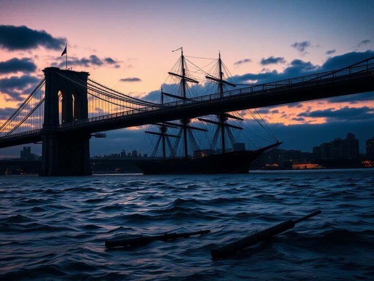 Flick International Mexican Navy tall ship Cuauhtémoc near Brooklyn Bridge at twilight