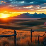 Flick International A serene landscape of the American West with rolling hills, a wooden fence, and rugged mountains under a dramatic sunset sky