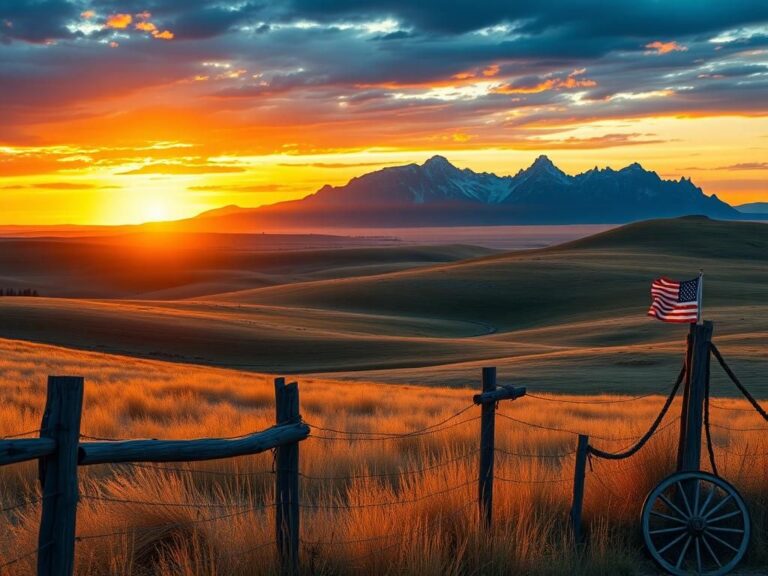 Flick International A serene landscape of the American West with rolling hills, a wooden fence, and rugged mountains under a dramatic sunset sky