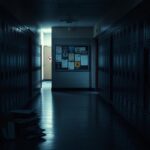 Flick International Dimly lit high school hallway with lockers and a bulletin board