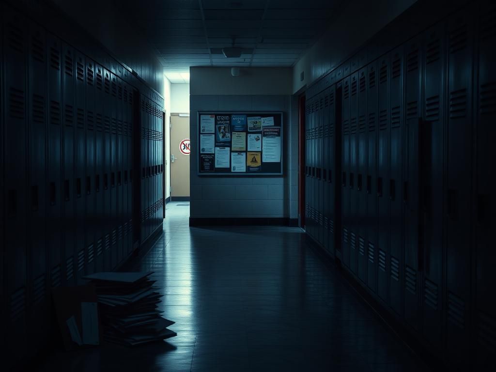 Flick International Dimly lit high school hallway with lockers and a bulletin board