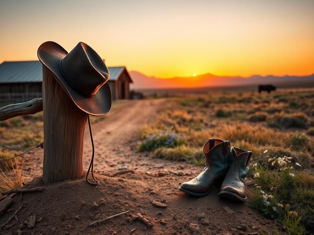 Flick International Serene Western landscape with a rustic barn at sunset