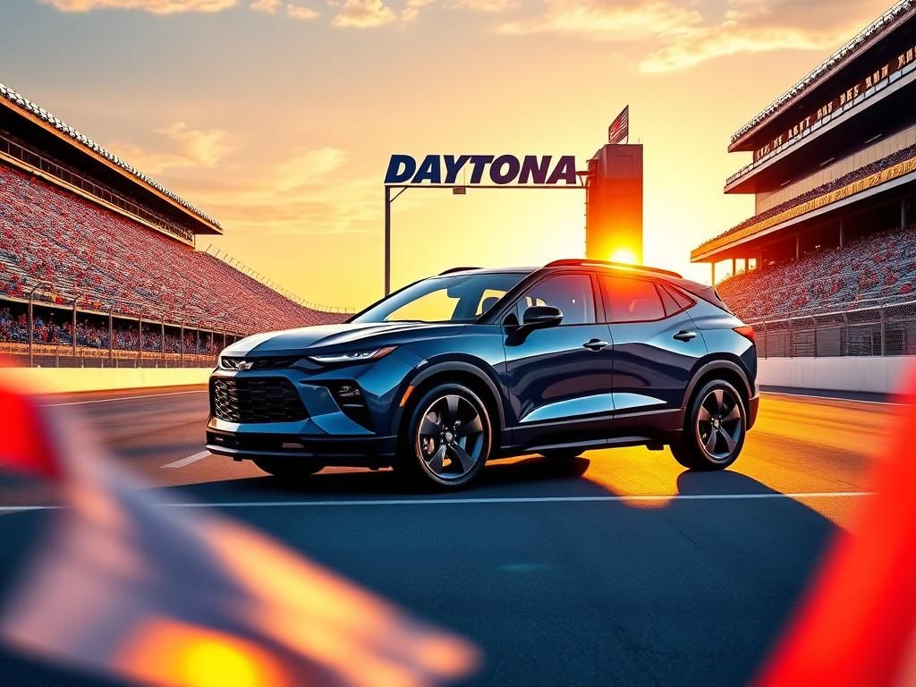 Flick International 2025 Chevrolet Blazer EV SS pace car displayed at Daytona International Speedway