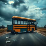 Flick International A school bus in Pakistan devastated by a suicide car bombing, surrounded by debris and shattered glass.