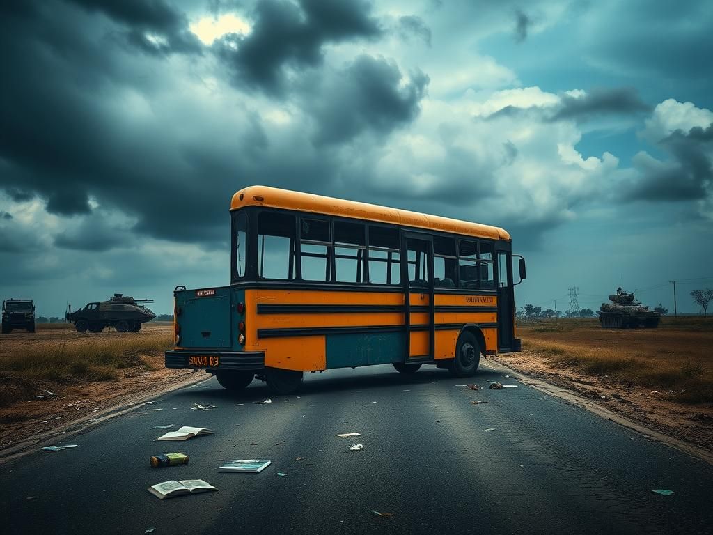 Flick International A school bus in Pakistan devastated by a suicide car bombing, surrounded by debris and shattered glass.