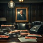Flick International Dimly lit vintage office with TOP SECRET documents and an old-fashioned telephone