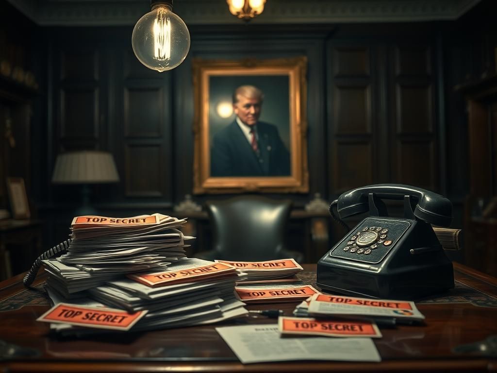 Flick International Dimly lit vintage office with TOP SECRET documents and an old-fashioned telephone