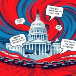 Flick International Abstract illustration of Democratic Party tensions with red and blue colors, broken chain symbolizing missed opportunities