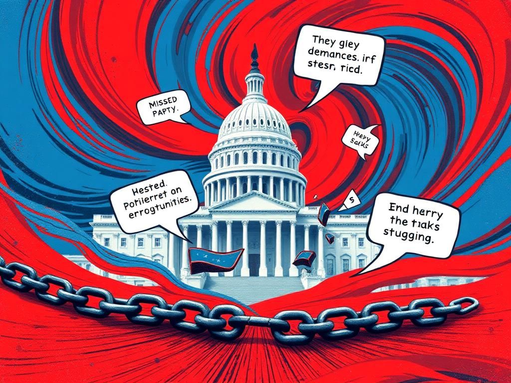 Flick International Abstract illustration of Democratic Party tensions with red and blue colors, broken chain symbolizing missed opportunities