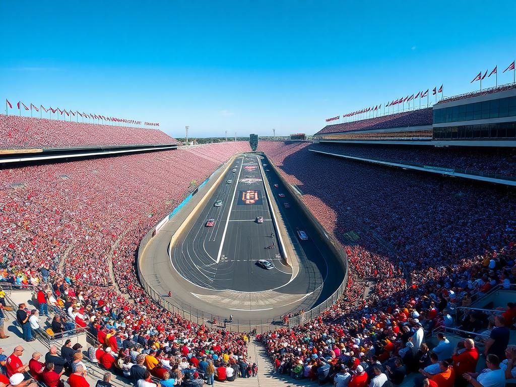 Flick International Aerial view of a packed Indianapolis Motor Speedway with vibrant banners and racing cars
