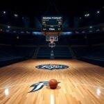 Flick International Dramatic basketball court scene with Indiana Fever logo and empty hardwood floor