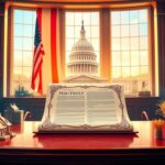 Flick International Large, ornate legislative bill on a polished wooden desk with American flag and U.S. Capitol in the background