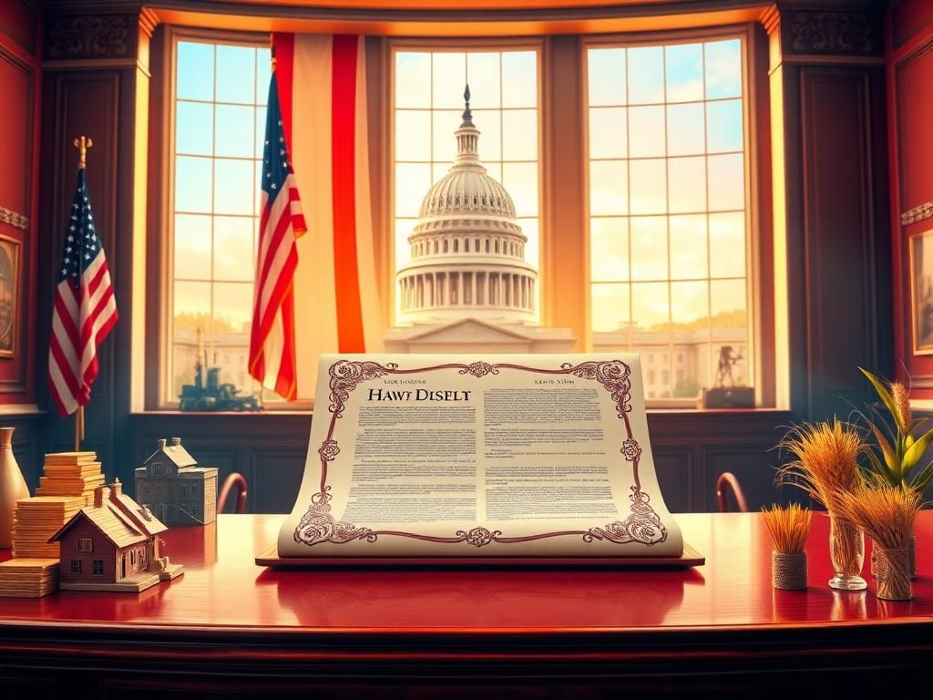 Flick International Large, ornate legislative bill on a polished wooden desk with American flag and U.S. Capitol in the background