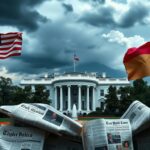 Flick International Dramatic scene of the White House under a stormy sky with an American flag and faint silhouette of South Africa's Table Mountain