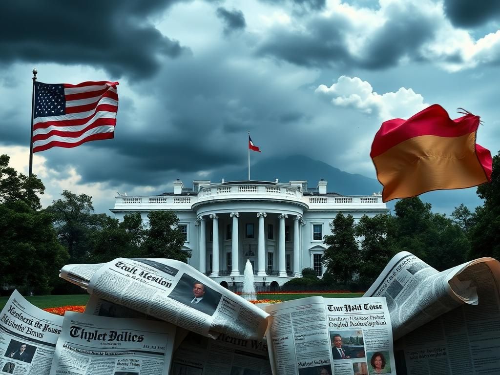 Flick International Dramatic scene of the White House under a stormy sky with an American flag and faint silhouette of South Africa's Table Mountain