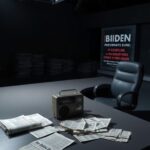 Flick International Somber newsroom setting with unlit desk and empty news anchor chair