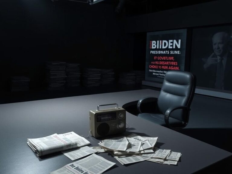 Flick International Somber newsroom setting with unlit desk and empty news anchor chair