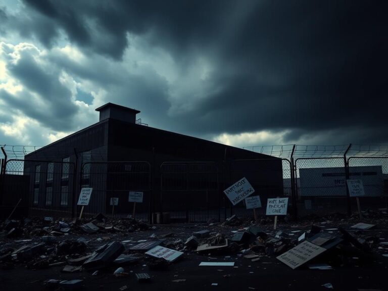 Flick International Foreboding immigrant detention facility in Newark with heavy gates and barbed wire