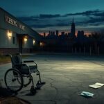 Flick International Abandoned wheelchair in front of a deserted nursing home at dusk