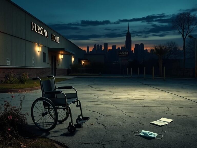 Flick International Abandoned wheelchair in front of a deserted nursing home at dusk