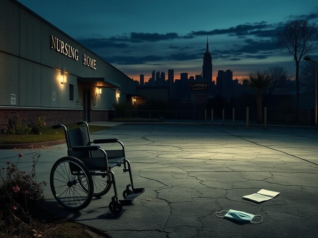 Flick International Abandoned wheelchair in front of a deserted nursing home at dusk