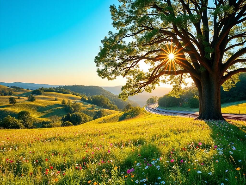 Flick International Serene landscape of Fairfax County with vibrant summer meadow and oak tree