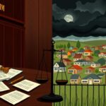 Flick International Dramatic split scene depicting a courtroom on one side and an Oklahoma community on the other, symbolizing the immigration legal battle