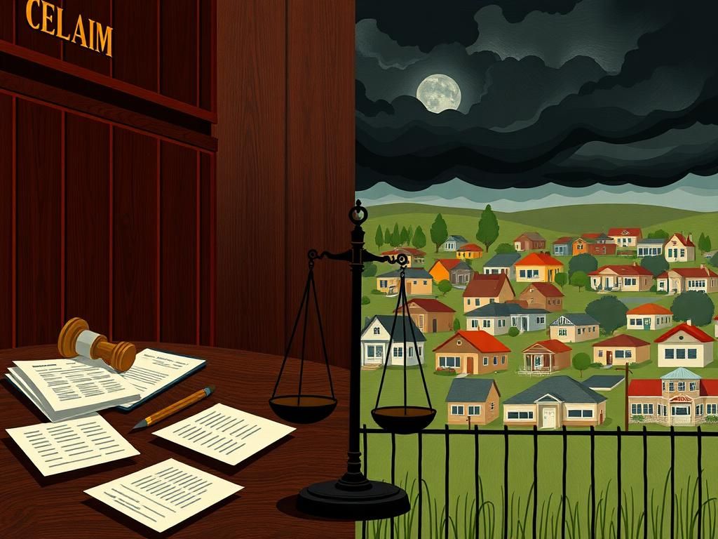 Flick International Dramatic split scene depicting a courtroom on one side and an Oklahoma community on the other, symbolizing the immigration legal battle