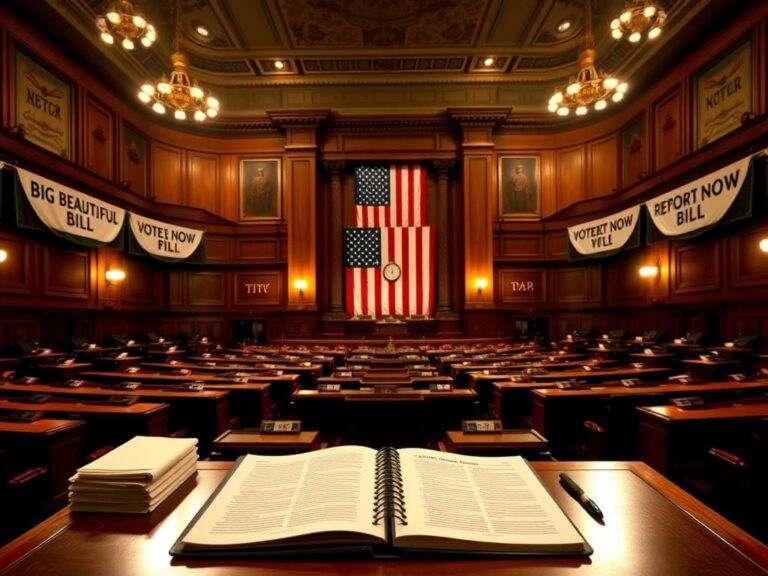 Flick International Dimly lit congressional chamber with empty seats and polished wooden desks