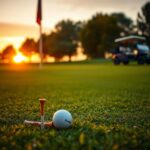 Flick International A serene golf course at sunset with a well-used golf tee and ball in the foreground