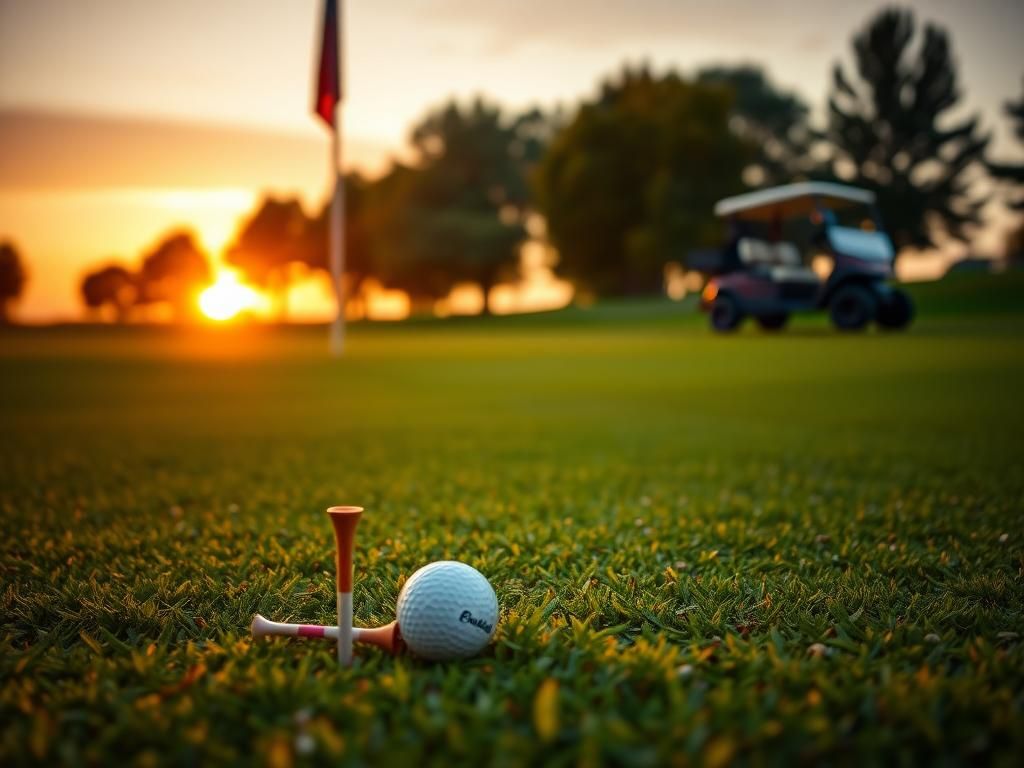 Flick International A serene golf course at sunset with a well-used golf tee and ball in the foreground