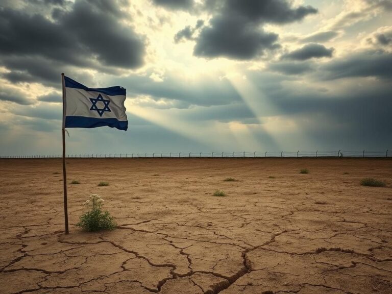 Flick International A barren field with a tattered Israeli flag symbolizing hope and loss