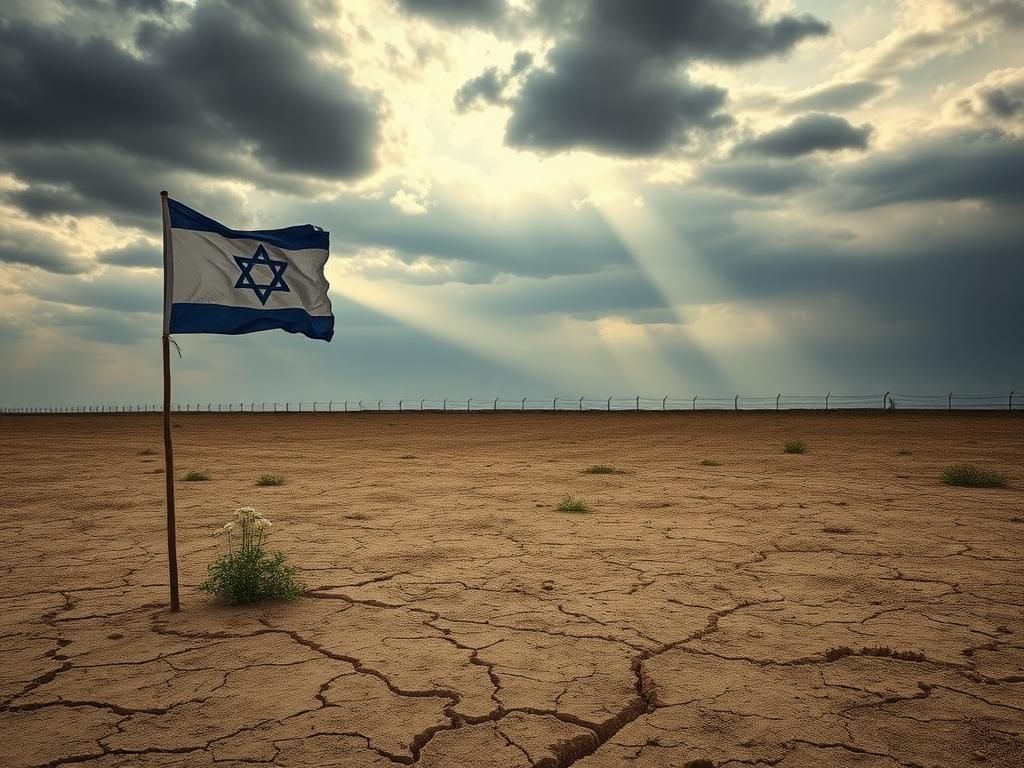 Flick International A barren field with a tattered Israeli flag symbolizing hope and loss