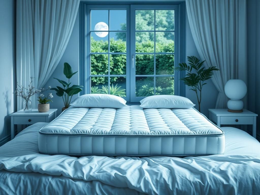 Flick International A serene bedroom scene with a cooling mattress featuring a quilted cover and soft fabrics.