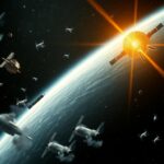 Flick International A dark, starry space backdrop featuring intricate satellite structures and missile systems, encapsulating the tension of space militarization.