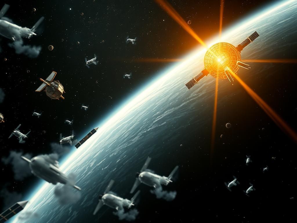 Flick International A dark, starry space backdrop featuring intricate satellite structures and missile systems, encapsulating the tension of space militarization.