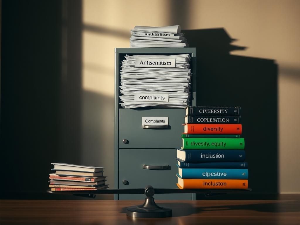Flick International A cluttered file cabinet overflowing with antisemitism complaints contrasted with a neat stack of colorful books on diversity, equity, and inclusion.