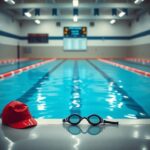 Flick International High school swimming pool with swimming goggles and red swim cap