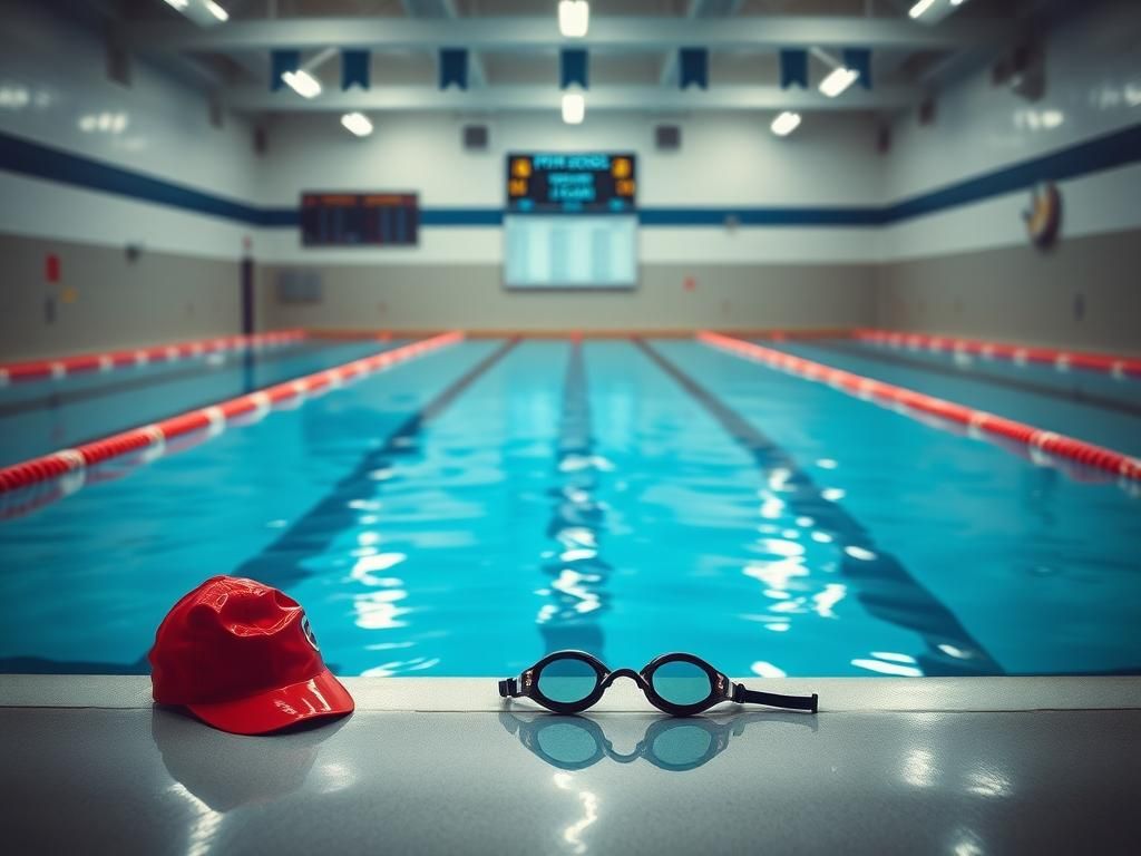 Flick International High school swimming pool with swimming goggles and red swim cap