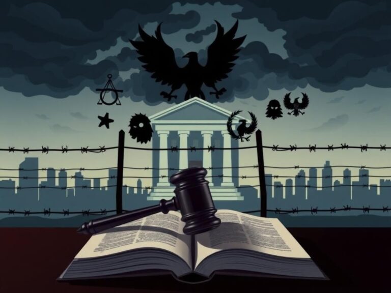 Flick International Law enforcement scene with courthouse and barbed wire, symbolizing immigration enforcement urgency