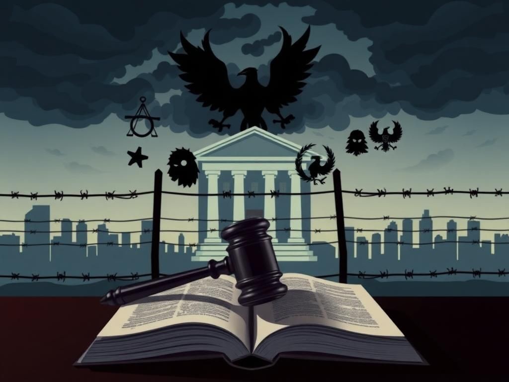 Flick International Law enforcement scene with courthouse and barbed wire, symbolizing immigration enforcement urgency
