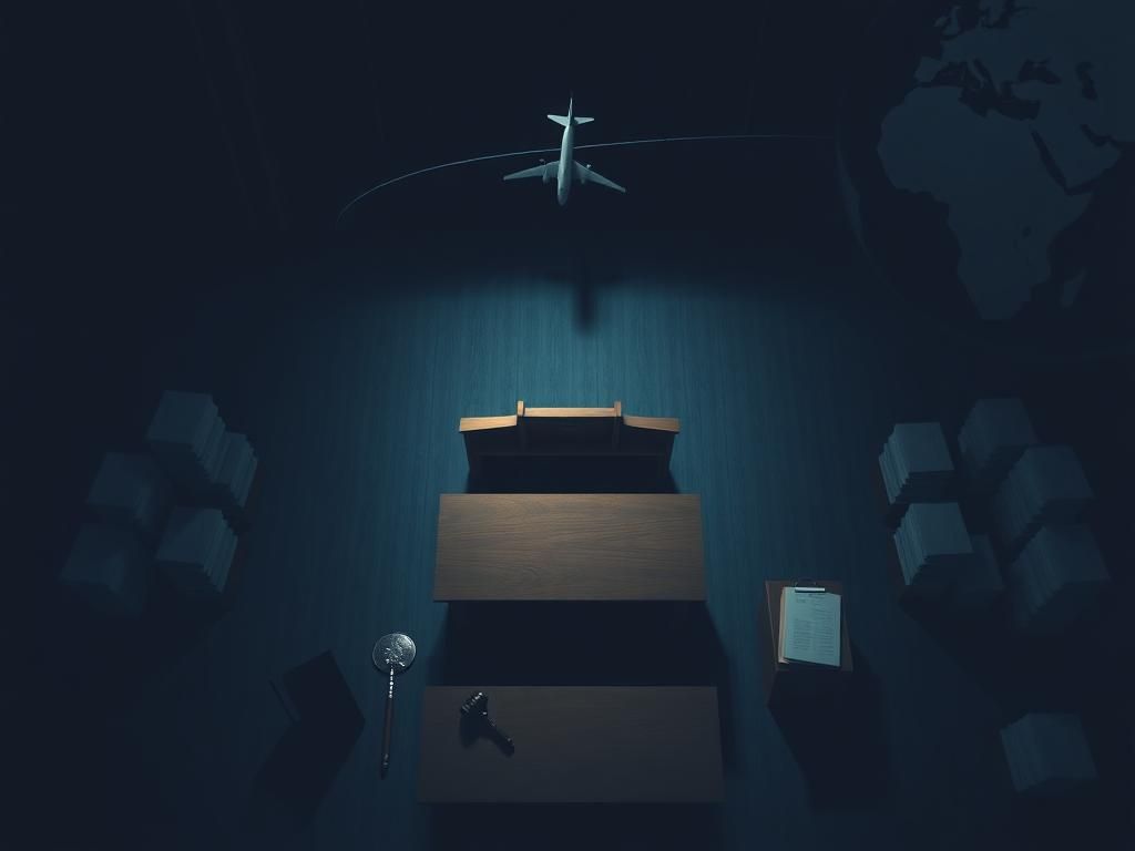 Flick International Aerial view of a tense courtroom scene emphasizing legal authority with documents and gavel