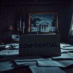 Flick International Dimly lit office setting with a large wooden desk and confidential documents